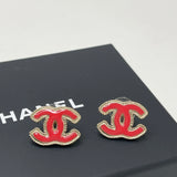 CHANEL CORAL ENAMEL & GOLD STRASS STUD EARRINGS