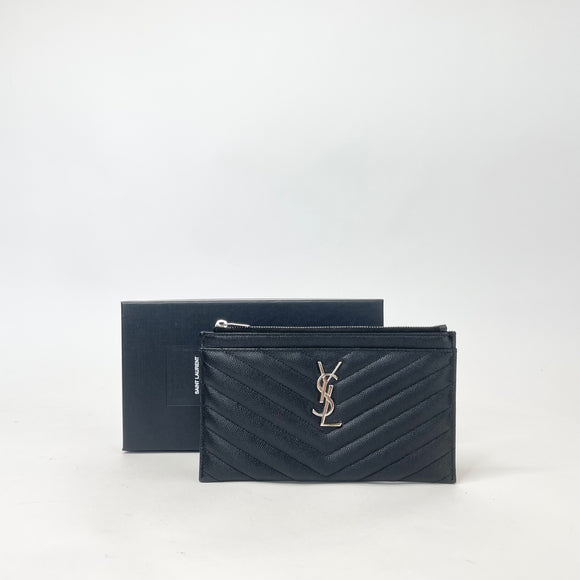 SAINT LAURENT TOP ZIP BILL POUCH/ CLUTCH IN BLK MATELASSE LEA & SHW