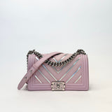 CHANEL BOY IN LIGHT PINK & IRIDESCENT METALLIC CHEVRON CALFSKIN LEA & SHW - BLuxe Boutique