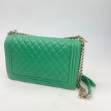 CHANEL LARGE GREEN QUILTED LMSKN LEATHER & LT GHW BOY BAG