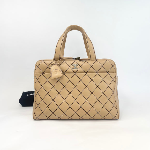 CHANEL BEIGE QUILTED CALF LEATHER LARGE BOSTON BAG + ZIP POUCH