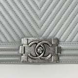 CHANEL LARGE GREY CHEVRON LMSKN LEATHER & RUTHENIUM HW BOY BAG