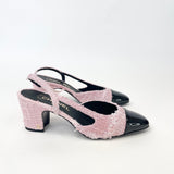 CHANEL PINK TWEED & BLK PATENT CAP TOE SLINGBACKS sz 38.5
