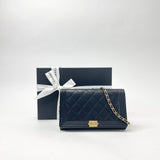 CHANEL BOY CLUTCH W CHAIN IN BLK LMB LEA & AGED GHW