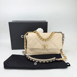 CHANEL LARGE 19 IN CREAM LAMBSKIN LEA & TRI TONE HW
