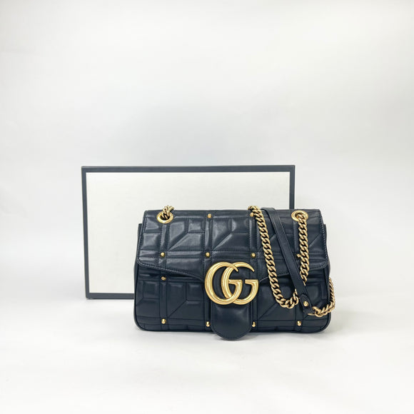 GUCCI MEDIUM MARMONT FLAP IN STUDDED BLK LEA & GHW