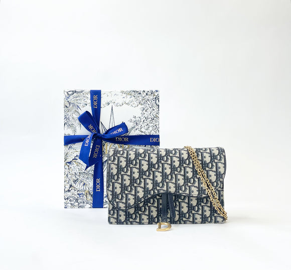 CHRISTIAN DIOR OBLIQUE CANVAS SADDLE POUCH ON CHAIN