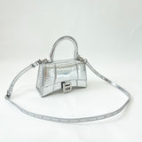 BALENCIAGA XS HOURGLASS IN METALLIC SILVER EMBOSSED LEA & CRYSTAL