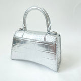 BALENCIAGA XS HOURGLASS IN METALLIC SILVER EMBOSSED LEA & CRYSTAL