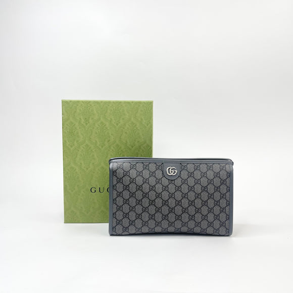 GUCCI OPHIDIA GREY SUPREME ZIP TOILETRY/CLUTCH