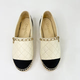 CHANEL CHAIN BEIGE & BLK QUILTED LEA ESPADRILLES sz 34