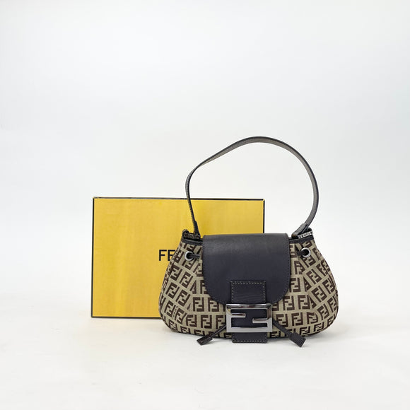 FENDI ZUCCHINO CANVAS & BRN LEA MINI FLAP HOBO SHOULDER BAG