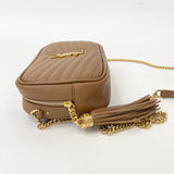 SAINT LAURENT MINI LOU CAMERA IN COGNAC CHEVRON GRAIN DE POUDRE LEA & GHW
