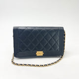 CHANEL BOY CLUTCH W CHAIN IN BLK LMB LEA & AGED GHW