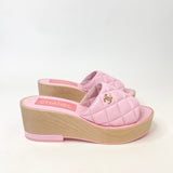 CHANEL PINK QUILTED LEA & WOOD SLIDES SZ 38
