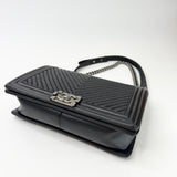 CHANEL LARGE BLK CHEVRON LMSKN LEATHER W RUTHENIUM HW BOY