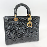CHRISTIAN DIOR LADY DIOR LARGE TOTE IN BLK PATENT LEA & GHW