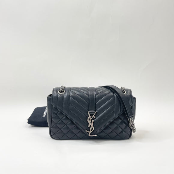 SAINT LAURENT YSL TRIQUILT ENVELOPE CROSSBODY IN BLK GOATSKIN LEA & RHW