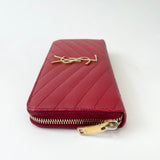 SAINT LAURENT CASSANDRE MATELASSE ZIP LONG WALLET IN RED GRAIN DE POUDRE LEA & GHW