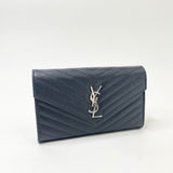 SAINT LAURENT CASSANDRE CHAIN WALLET/ CROSSBODY IN BLK GRAIN DE POUDRE LEA & SHW