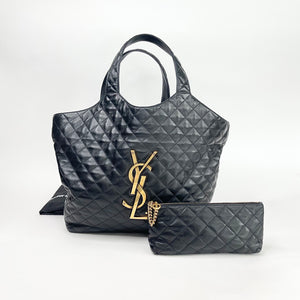 SAINT LAURENT ICARE BLK QUILTED LMB LEATHER MAXI TOTE + POUCH