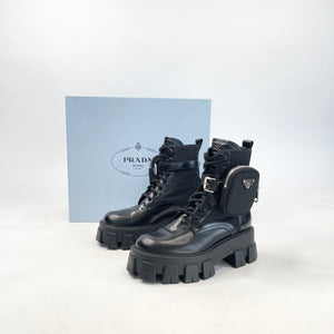 PRADA MONOLITH BOOTS IN BLK LEA & RE NYLON sz 36.5