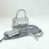 BALENCIAGA XS HOURGLASS IN METALLIC SILVER EMBOSSED LEA & CRYSTAL