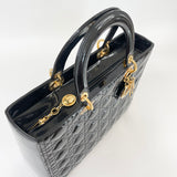 CHRISTIAN DIOR LADY DIOR LARGE TOTE IN BLK PATENT LEA & GHW