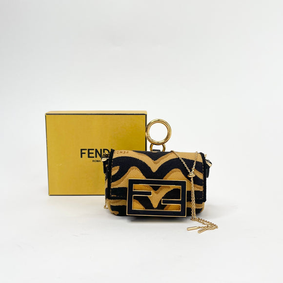 FENDI NANO BAGUETTE BAG CHARM / CROSSBODY TIGER PRINT CANVAS & GHW