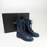 CHANEL NAVY LEA COMBAT BOOTS sz 38
