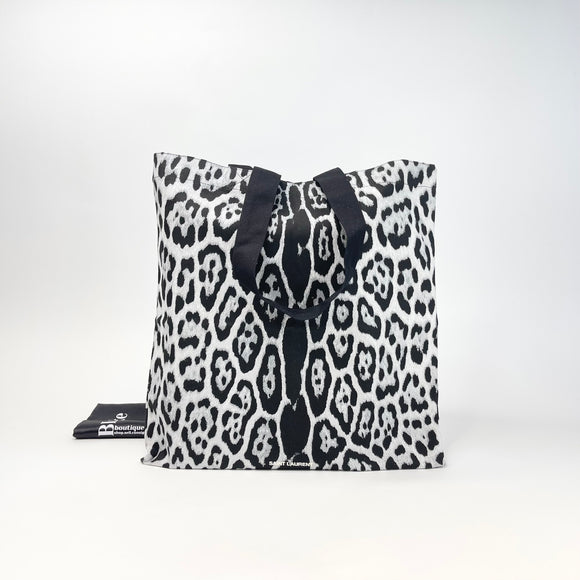 SAINT LAURENT RIVE DROITE BLK/ GREY CANVAS LEOPARD PRINT TOTE BAG