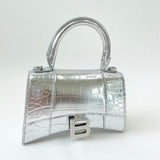 BALENCIAGA XS HOURGLASS IN METALLIC SILVER EMBOSSED LEA & CRYSTAL
