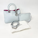 CHRISTIAN DIOR DIORISSIMO MEDIUM TOTE BAG + ZIP WRISTLET POUCH IN LT BLUE & FUCSHIA PEBBLED LEA & SHW
