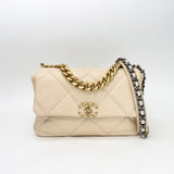 CHANEL LARGE 19 IN CREAM LAMBSKIN LEA & TRI TONE HW