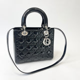 CHRISTIAN DIOR LADY DIOR MEDIUM IN BLK PAT & SHW W STRAP