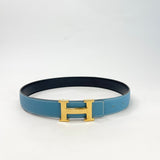 HERMES H GOLD BUCKLE & REVERSIBLE BLK BOX & NEW BLEU JEAN EPSOM CALFSKIN LEATHER BELT