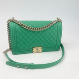 CHANEL LARGE GREEN QUILTED LMSKN LEATHER & LT GHW BOY BAG