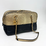 CHANEL IRRIDESCENT GOLD PYTHON & BLK CALF LEA BOWLER BAG
