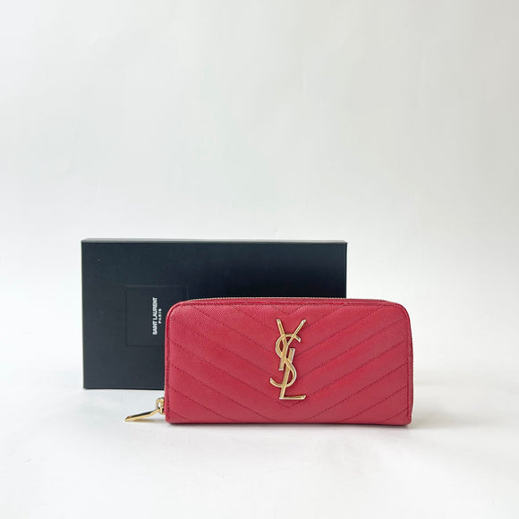 SAINT LAURENT CASSANDRE MATELASSE ZIP LONG WALLET IN RED GRAIN DE POUDRE LEA & GHW