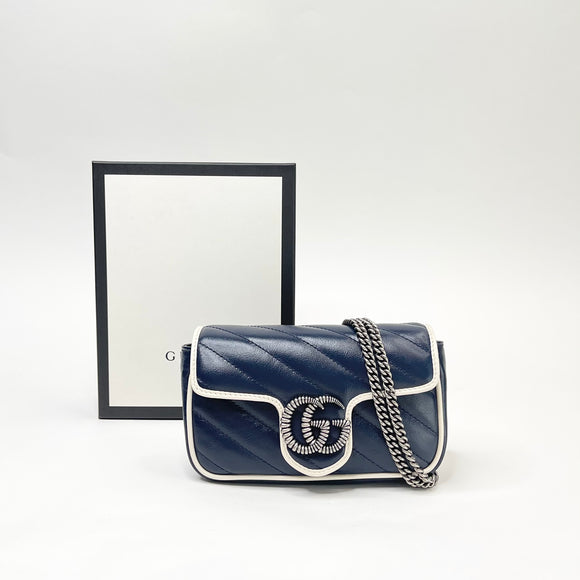 GUCCI TORCHON MARMONT SUPER MINI IN NAVY & WHT PIPPING