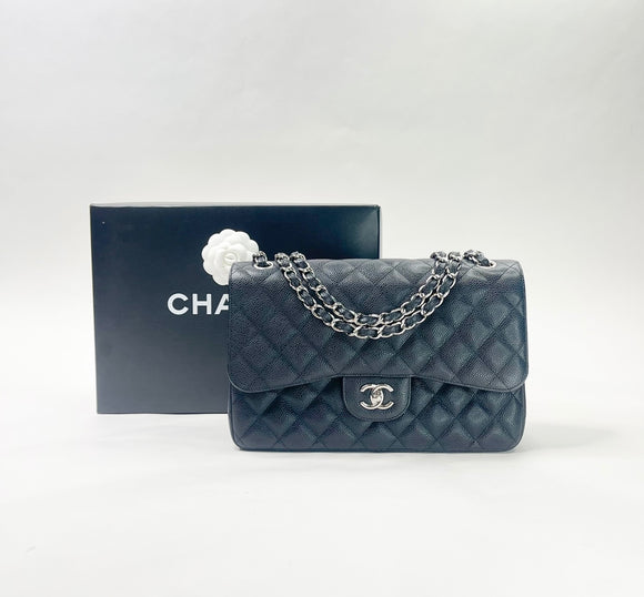 CHANEL BLK CAVIAR LEA LARGE DOUBLE FLAP SHW