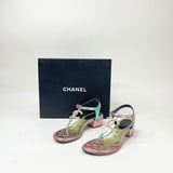 CHANEL T STRAP OMBRÉ LEA WITH PEARL CC SANDALS Sz 36.5