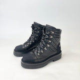 CHANEL BLK LEA & CAP TOE LACE UP COMBAT BOOTS SZ 38.5