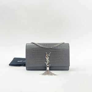 SAINT LAURENT KATE TASSEL IN GREY EMBOSSED LEA & SHW