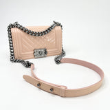 CHANEL SMALL BOY IN PATENT CRM & LT PINK LEATHER W SILVER HARDWARE BAG