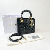 CHRISTIAN DIOR LADY DIOR MEDIUM IN BLK PAT & GHW W STRAP