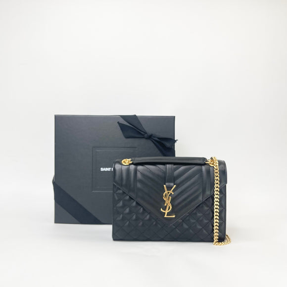 SAINT LAURENT ENVELOPE IN BLK QUILTED MATELASSE LMSKN LEA & GHW