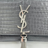 SAINT LAURENT KATE TASSEL IN GREY EMBOSSED LEA & SHW