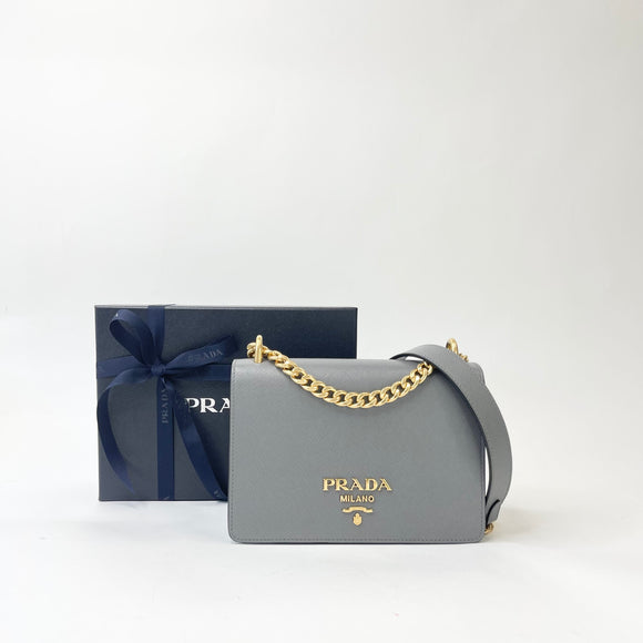 PRADA GRAY SAFFIANO LEA MINI SHOULDER BAG / CROSSBODY