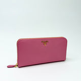 PRADA PINK SAFFIANO LEA LARGE ZIP WALLET